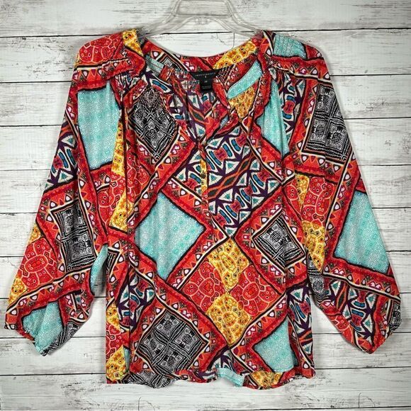 Investments ll Tunic Colorful Bright Smocked Neckline Button Placket Top 2X - Picture 1 of 8